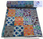 Embroidery Queen Kantha Quilt Bedspread Patchwork Cotton Blue Boho Gypsy Blanket