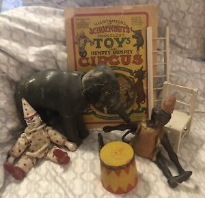 Antique Schoenhut Humpty Dumpty Circus Lot Monkey Clown Elephant Pamphlet Toys