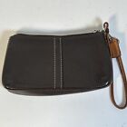Coach Black Pebble Leather Wristlet 7.5” Clutch Wallet Zipper Pouch Tan Strap