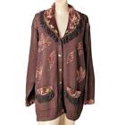 Storybook Knits Fringe Leaves Sweater Cardigan Grandma Embroidery Brown Green 2x