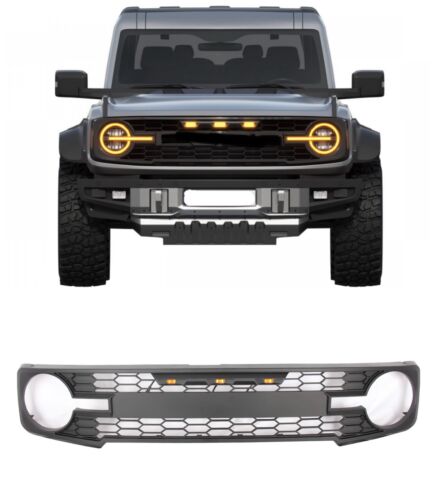 For 2021 2023 Ford Bronco Matt Black Grille Mesh Raptr Style Lights Amber (For: 2021 Ford Bronco Badlands Sport Utility 4-Door ...)