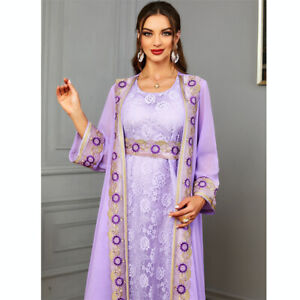 Dubai Open Cardigan Abaya Women Lace Long Dress 2 Piece Set Muslim Kaftan Casual