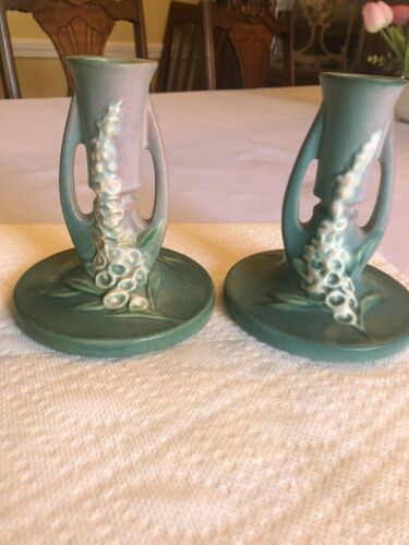 Vtg Roseville Art Pottery Foxglove #1150 Candlestick Holder 1-perfect, 1Repaired