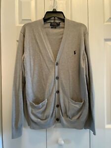 Polo Ralph Lauren Cardigan Sweater Men's Large Gray Pima Cotton Pockets