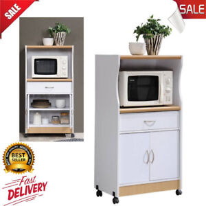 White Wooden Microwave Cart Rolling Kitchen Storage Shelf Stand Utility Cabinet