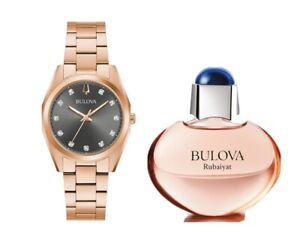 Bulova Women's Quartz Diamond Accent Rose Gold Perfume Watch Set 31MM 97P156
