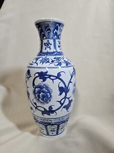 New Listing Asian Porcelain Blue White Flower Vase Hand Painted ChineseDesign Signed Bottom