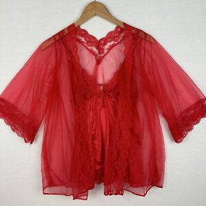 Vintage Fantasy Lingerie Medium Sheer Red Babydoll Robe & Panties Peignoir Sexy