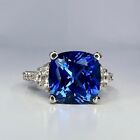 Diamond Ring 14k White Gold Blue Sapphire Cushion 5.36 Ct Certified Lab Created