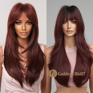 Long Straight Auburn Red Hair Wine Wigs with Bangs Synthetic Fanshion Women Soft