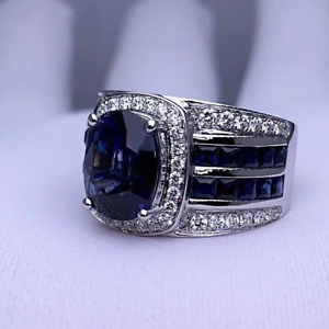 14K White Gold Natural Blue Sapphire Gemstone & Diamond Ring Unisex Ring
