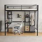 Twin Loft Bed Frame with Computer Desk and Storage Shelves and Ladder and Rail