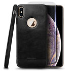 For iPhone XS Max Case, Shockproof PU Leather Cover + Tempered Glass Protector
