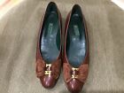 Auth GUCCI Italy Brown Ladies Dress Flats GG Bow 38 1/2 B Shoes Slip Ons Preowne