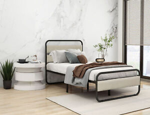 New ListingMetal Bed Frame with Wooden Oval-Shaped Headboard & Footboard/Under-Bed Storage
