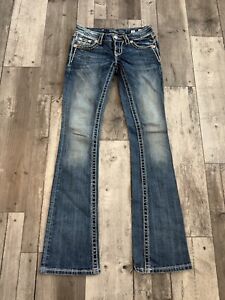 Miss Me Flare Wide Bootcut Jeans Womens 25 Distressed Denim Rhinestone