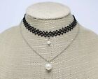 New Wholesale Dozen Silver Black Pearl Choker Necklace & Earring Sets #N1057-12