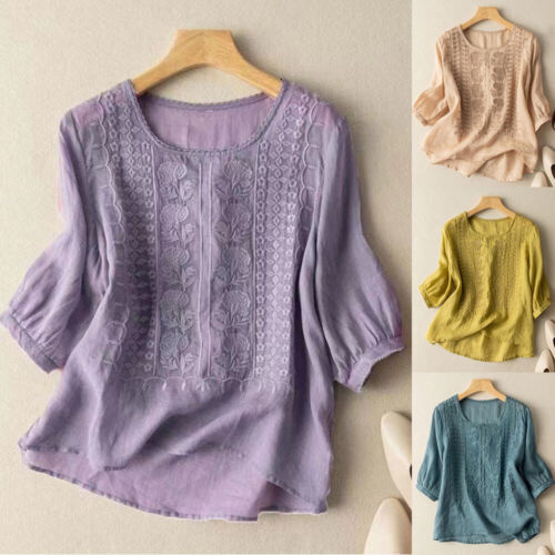 Women's Floral Embroidered Crochet Top T-Shirt 3/4 Sleeve Casual T-Shirt