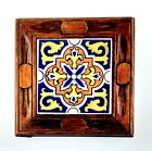 Vintage Mexican Tile Trivet hand carved Wood Frame Blue/Yellow/Orange 7