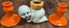 New ListingCeramic Pumpkin w/Ghost Figurine Candle Stick Holders Halloween Decor