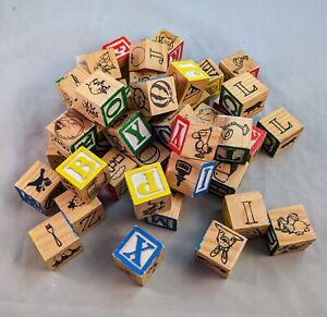 Vintage Lot of 46 Wood Alphabet Building Blocks Children's Wooden Letter's