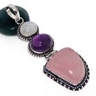 925 Silver Plated-Rose Quartz Natural Amethyst Ethnic Pendant Jewelry 3.3