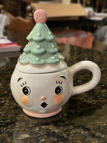 Johanna Parker Christmas Tree Mug Teacup With Lid 2022 HTF Pink & Mint NEW