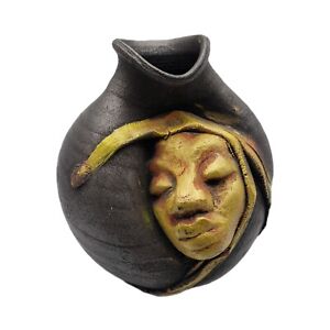 Studio Art Vase Signed P Mykoo Creative Clay Jamaican Bronze Face Sculpture Vase