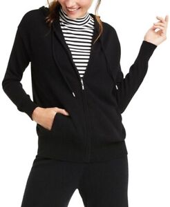 Charter Club Luxury 100% Cashmere Black Zip-Front Hoodie Sweater Cardigan L