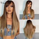 Long Straight Wig Ombre Brown Synthetic Wig with Bangs for Women Party Daily Use