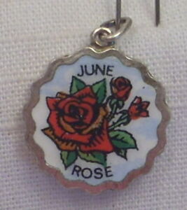 Vintage REU Silver Plated/Enamel June Rose Birth Month Flower Bracelet Charm
