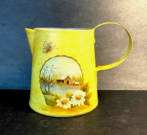 Vtg Hand-Painted Metal Watering Can Barn Scene on Bright Yellow 5.5
