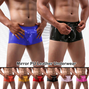 Men PVC Leather Open Crotch Pants Wet Look Boxer Shorts Underwear Nightclub