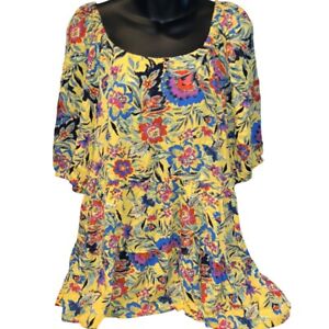 TERRA & SKY Womens Plus Size 2X Yellow Tiered Puff Sleeve Floral Babydoll Tunic