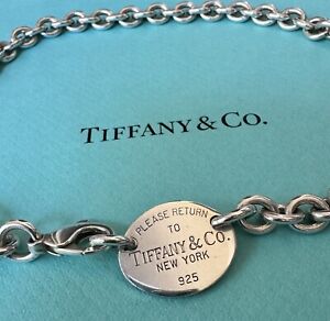 Return to Tiffany & Co. Oval Tag Necklace Choker 925 Sterling Silver 15.5”
