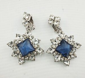 Vintage Schreiner New York Blue clear Rhinestone Clip On Earrings