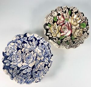 New ListingVtg 2 MYOTT SON&Co England Porcelain Brown & Blue Floral BERMUDA Small Bowl