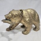 Large Vintage Brass Bear With Fish In Mouth Figurine 12