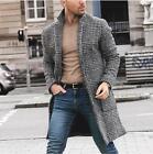 Men Trench Coat Long Jacket Outwear Formal Check Woolen Casual Overcoat