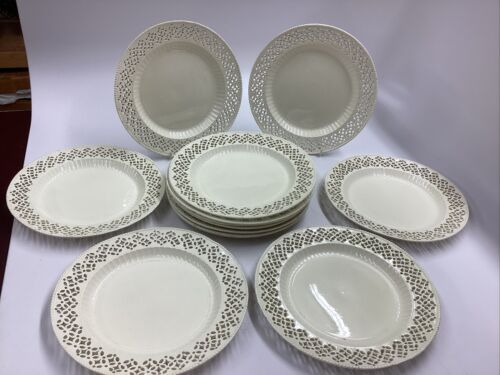 12 REAL 18thC Leeds Pottery pierced creamware 9.25” Dinner Plates NOT REPROS