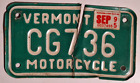 New ListingVermont Motorcycle License Plate  # CG736 ---- NO RESERVE AUCTION ---