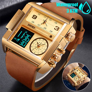 Men Large Dial Digital LED Quartz Sport Watch Male Waterproof Leather Wristwatch