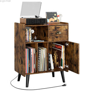 Vinyl Record Player Stand Shelf Album Storage Cabinet Power Port Turntable Table