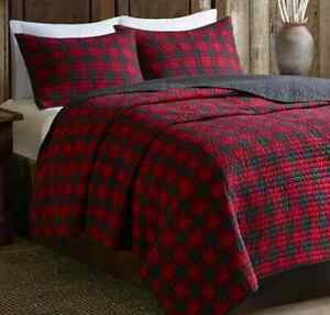 King Size Bedding Farm Quilt Set Red Black Country Bohemian Lodge Cabin 3 Piece