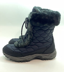 LL Bean Womens Winter Boots 8 Quilted Faux Fur Lace Up Blue Black Mid Calf