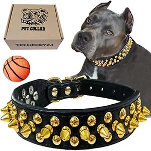 New ListingTEEMERRYCA Black Leather Dog Collar with Gold Spikes for Small Medium Large P...