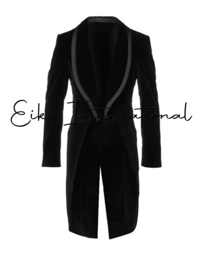 Men Velvet Tailcoat Black Long Jacket Gothic Shawl Lapel Blazer-2226