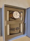 NEW!! Fossil Modern Sophisticate Rose Gold Leather Watch And Jewelry BQ3417 SET