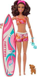 Doll with Surfboard and Puppy, Poseable Brunette Barbie Beach Doll