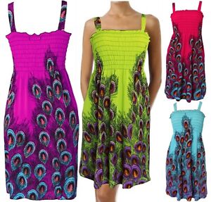Summer Sundress for Women Peacock Beach Cover Up Sleeveless Smocked Dress